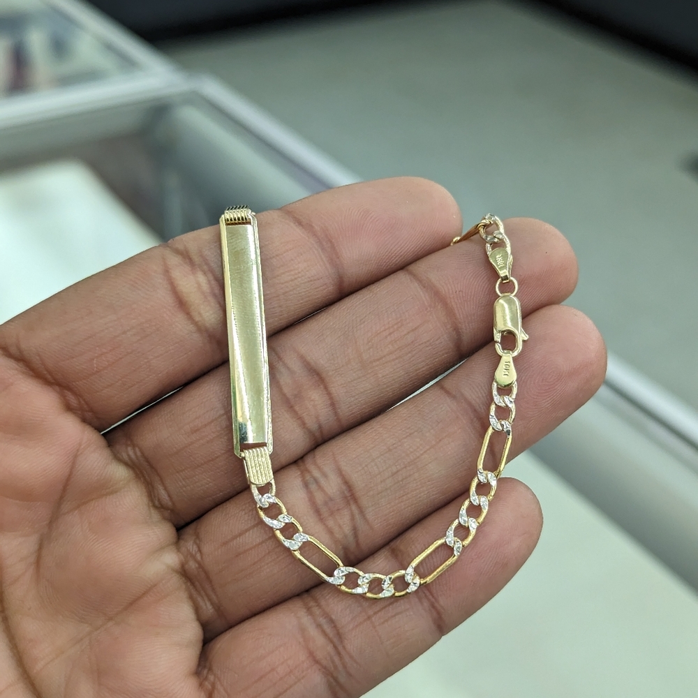 10kt Real Gold Figaro Diamond Cut ID Bracelet 8 inches